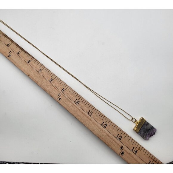 Druzy Amethyst Geode Pendant Long Necklace Purple Gold Tone - Picture 6 of 7